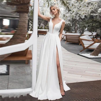 Простое свадебное платье TIXLEAR с V-образным вырезом 2023, Атласное свадебное платье с высоким разрезом сбоку, Robe De Marie vestido blanco, без спинки