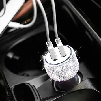 Автомобильное зарядное устройство с двумя USB-разъемами с бриллиантами, многофункциональный защитный молоток, быстрая зарядка с блестящими стразами, автомобильное зарядное устройство из алюминиевого сплава