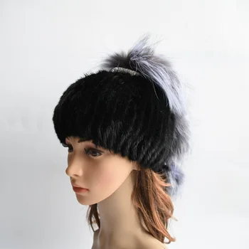 Женская зимняя шапка из меха норки, настоящие вязаные шапки из меха чернобурки, женские русские теплые шапочки, новая женская меховая шапка