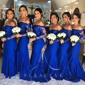 Королевские синие атласные свадебные платья для гостей, халат подружки невесты, Свадебное вечернее платье с длинным рукавом и открытыми плечами, вечерние платья для вечеринок
